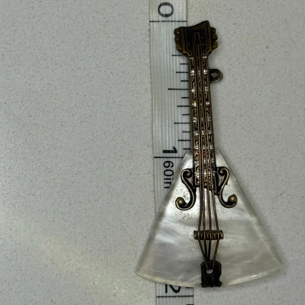 Vintage Spain Signed Intricate Guitar Brooch